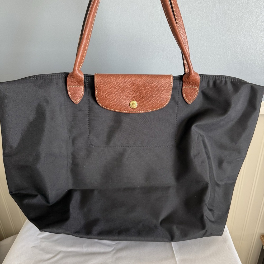 LONGCHAMP Le Pliage Large Tote Bag Black Brown Nylon Shoulder Bag Purse EUC